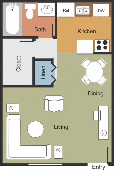 A floor plan of a small apartment with a living room, kitchen, and bathroom.